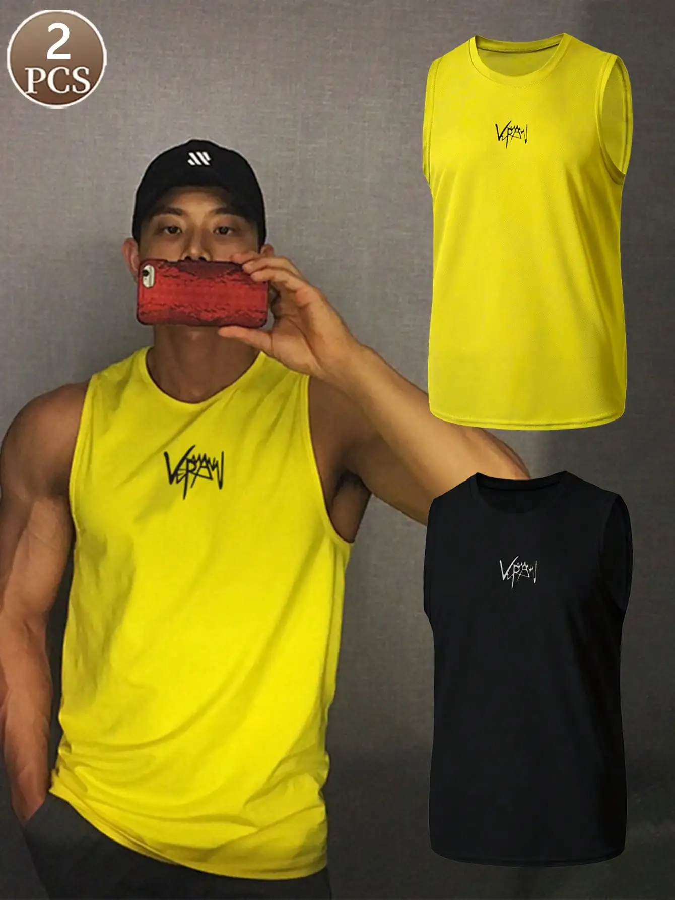 2PCS Solid color letters casual sports basic knit fabric sleeveless regular small round neckMen's sports quick drying mesh vest