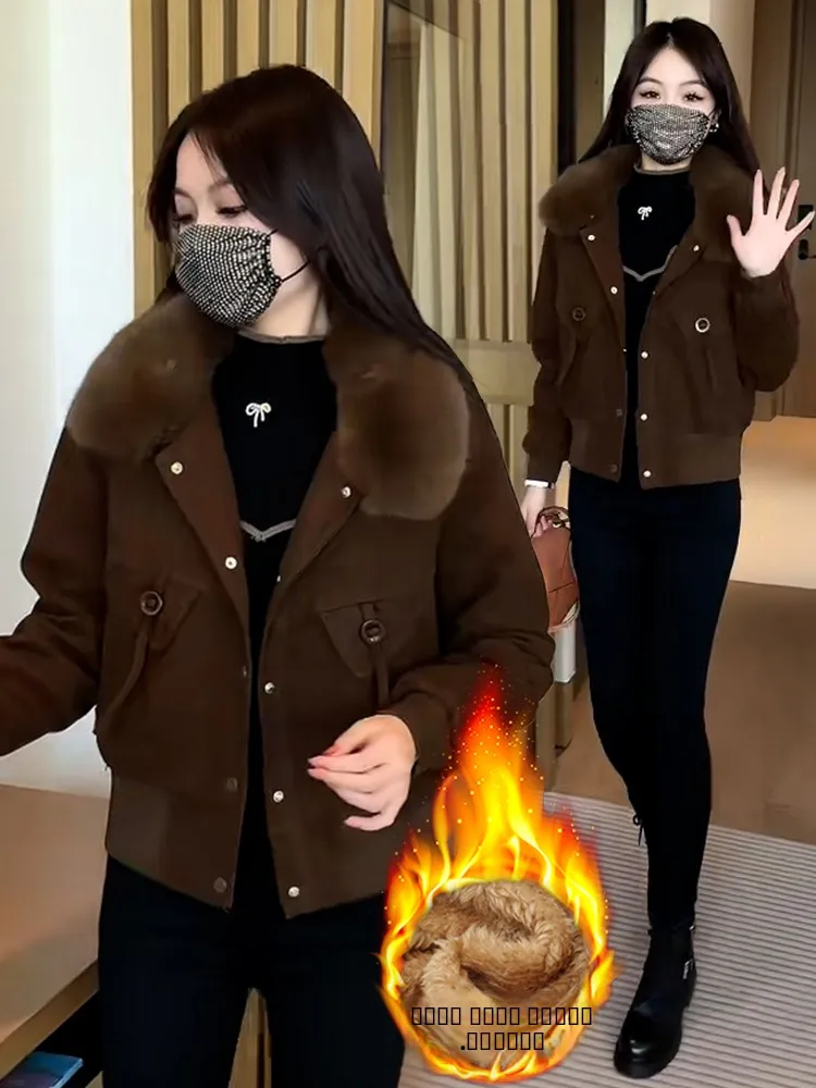 

Утепленная короткая куртка на флисовой подкладке для женщин, зимняя модная теплая куртка с меховым воротником, короткое хлопковое пальто в корейском стиле