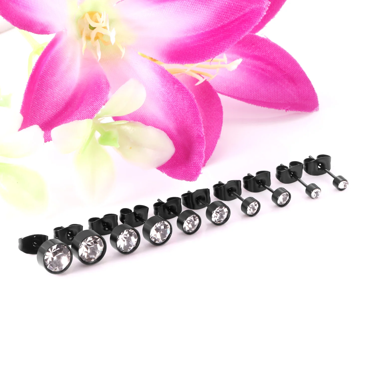 LUXUSTEEL 5Pairs/Lots Round Cubic Zircon Stainless Steel Earrings Sets Black Rose Golden Metal Studs Pendiente for Women Men