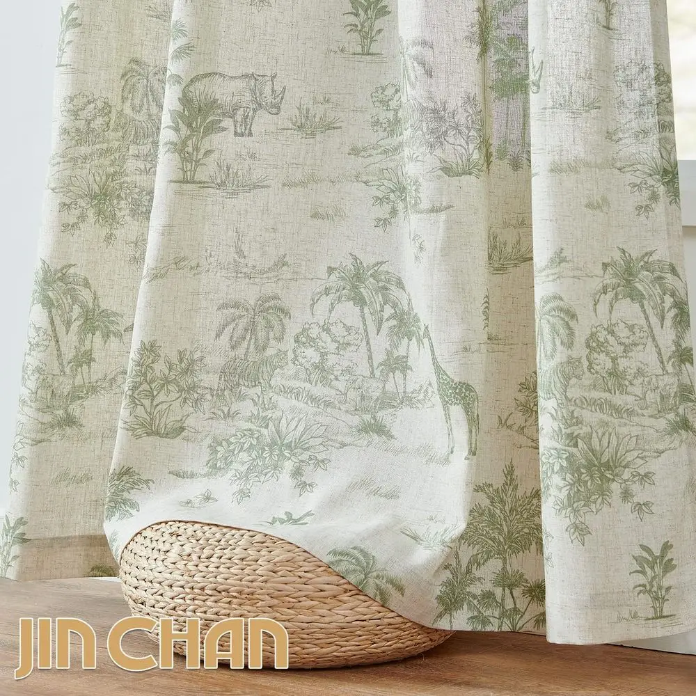Cortinas Toile de linho com ilhó 96 - Cortinas florais verdes estilo fazenda para sala de estar e quarto
