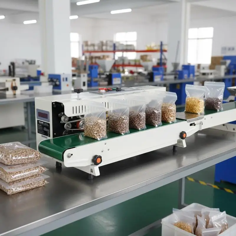 Machine de scellage de sacs en continu, largeur de scellage de 0,24 à 0,47 pouces/6 à 12 mm, machine de scellage horizontale avec contrôle numérique de la température, dispositif de scellage de sacs pour sacs en plastique de 0,02 à 0,8 mm, fonction d'inflation.