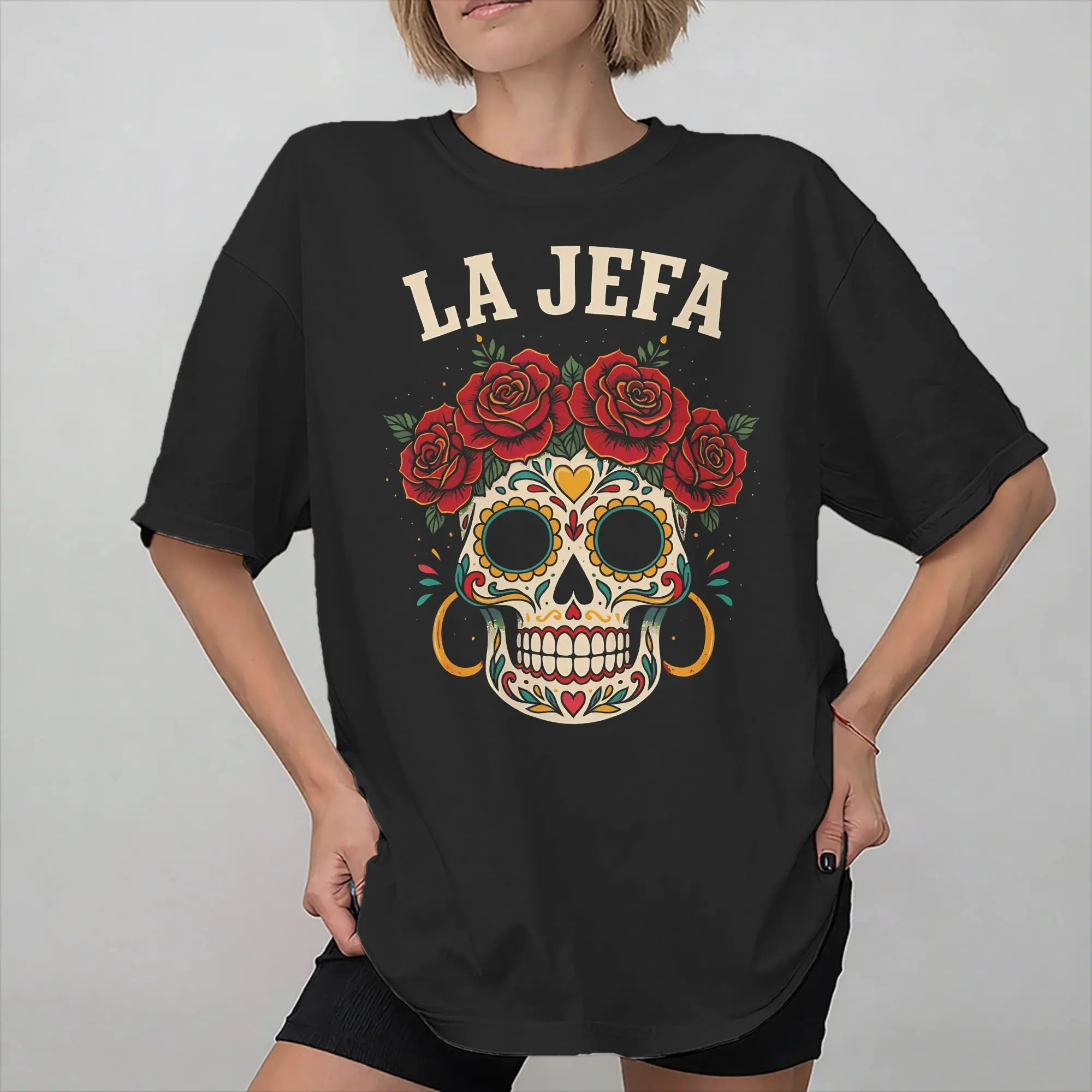 Sugar Skull La Jefa Women Dia De Los Muertos Mexican Graphic T Shirts for Men Women Day of The Dead 100% Cotton Shirt Clothes