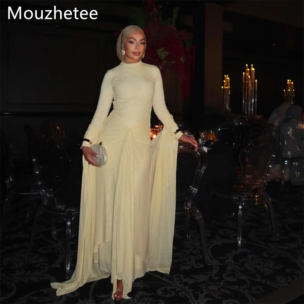 

Mouzhetee A-Line O-Neck Pleat Yellow Elegant Evening Dresses Formal Dresses for Women Simple Long Sleeve Prom Gowns Custom Made