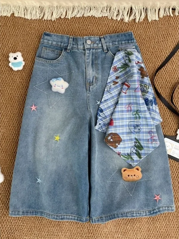 Loose Fit Embroidered Denim Jeans Women's High Waist Straight Leg Pants Summer Fashion Korean Style Wide Leg Trousers