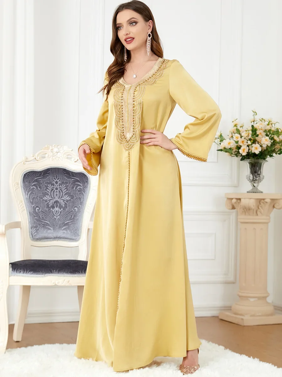 Eid Ramadan Muslim Women Dress Beading Dubai Morocco Party Dresses Arabic Kaftan Vestidos V-neck Elegant Maxi Prayer Abayas 2024