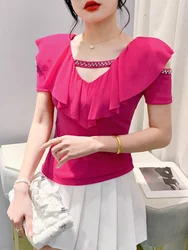 Ruffled V Neck Mesh T-shirts Girls Summer Hollow Out Short Sleeve Beading Tshirts Fashion Tees Tops For Women 2024