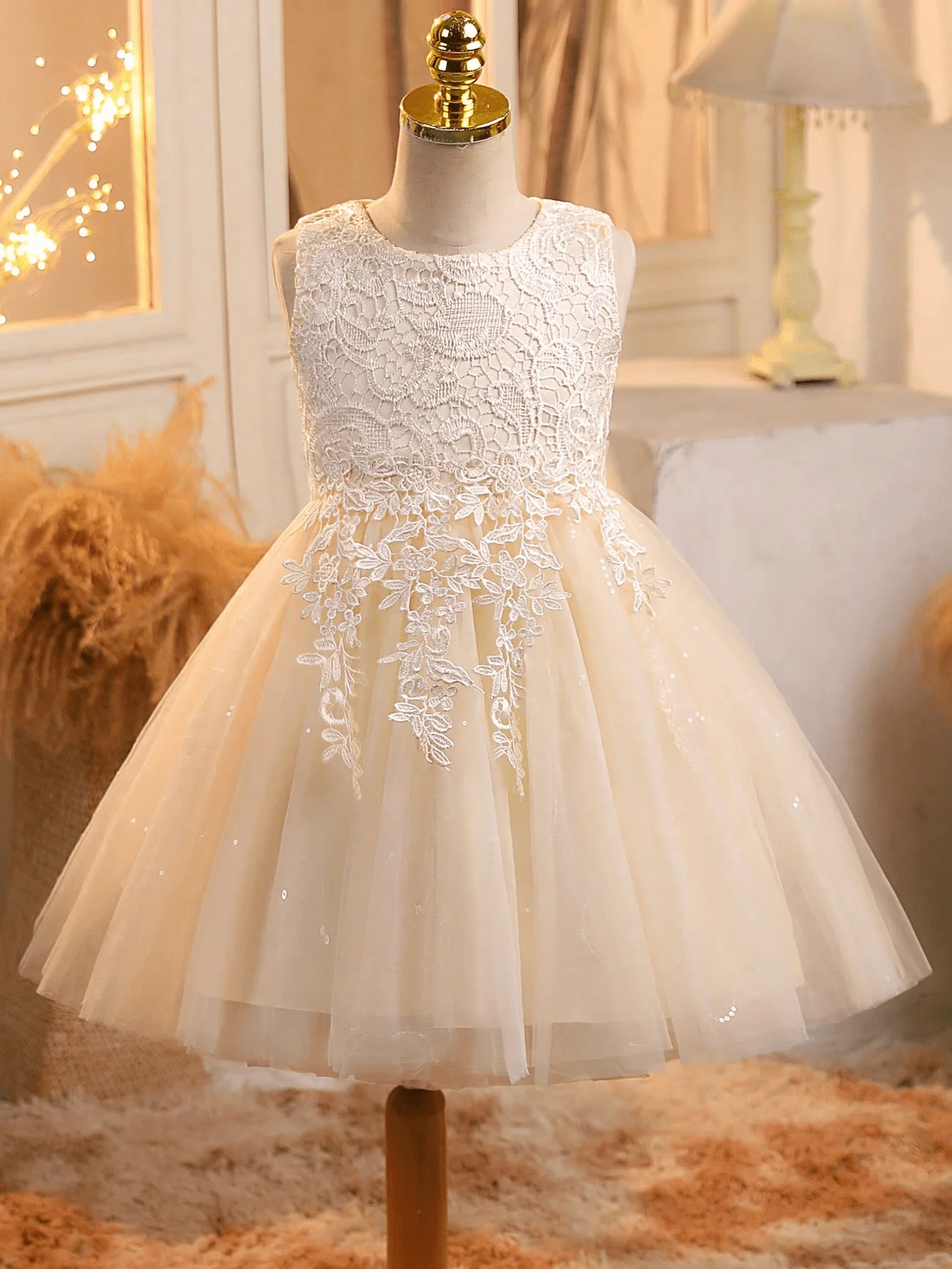 

Champagne Lace Applique Sleeveless A-Line Knee-Length Evening Dress