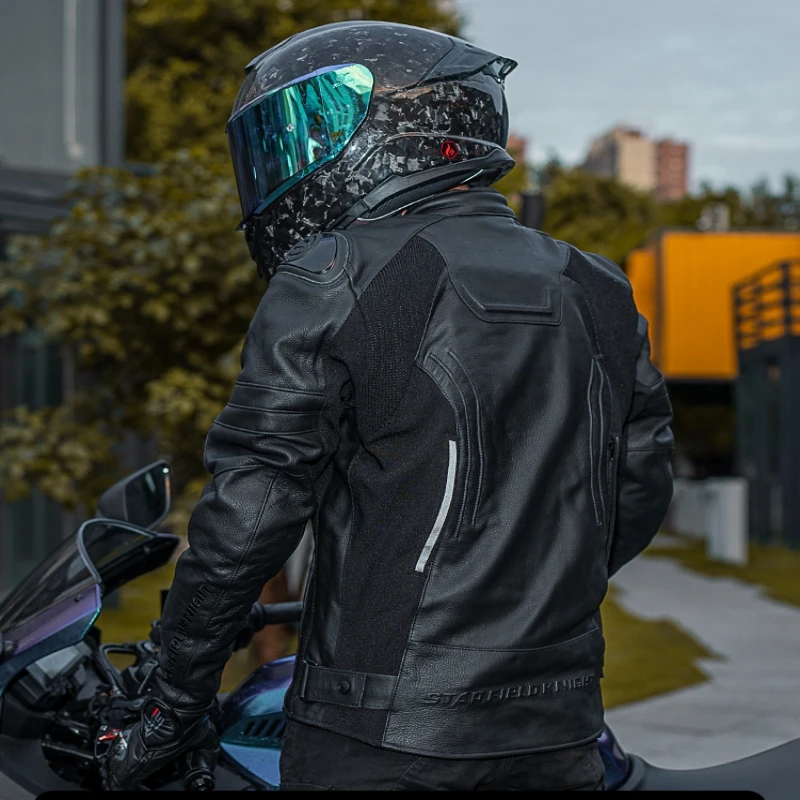 Star Field Knight New Black Motorcycle Riding Jacket Real Cowhide Coat Autumn Winter Warm With Protective Body Gear Accessories