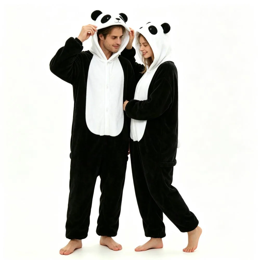 Couples Pajamas Winter Warm Cozy One Piece Hooded Jumpsuits Panda Tiger Zebra Unicorn Kigurumi Pajama Adult Homewear Costumes