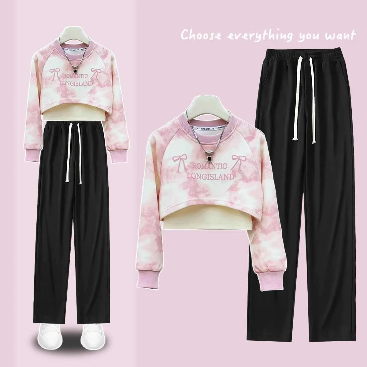 2025 Spring and Autumn Three Piece Tie Dyeing Fresh and Slimming Hoodie Strap Up Wide Leg Pants Fashion Set Women's Sports Set