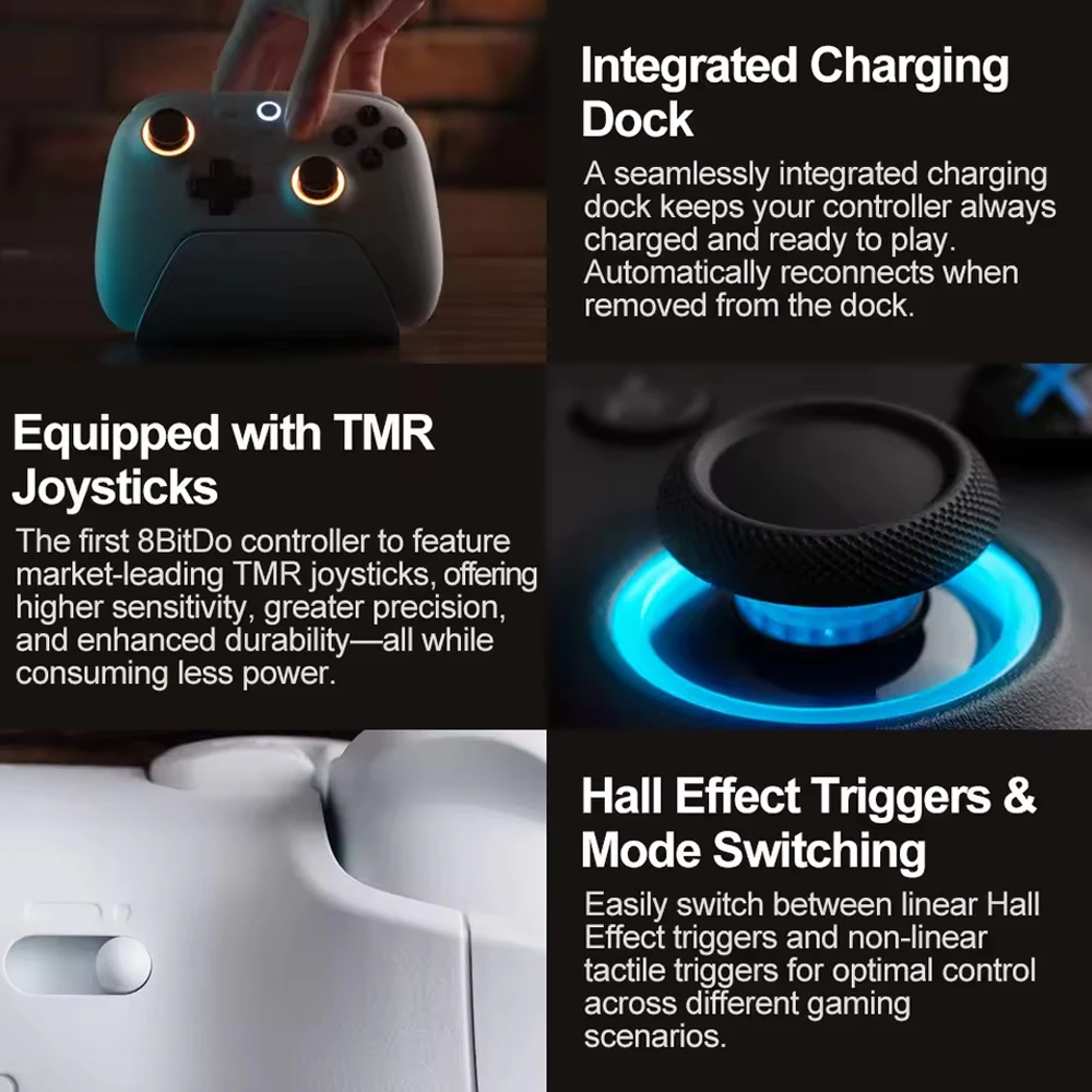Neues 8BitDo Ultimate 2 Wireless Controller Gamepad mit exklusiver 8-Gang-Technologie TMR RGB-Beleuchtungsjoysticks für PC Android