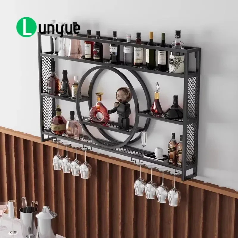55 Inch Industrial Wall Mounted Metal Wine Rack with LED Light 3 Tier Storage Shelf for Alcohol Long Stem Glasses Black