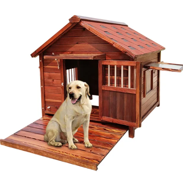 Rainproof Outdoor Carbonized Solid Wood Dog House, Large Dog Cage in Courtyard Enclosure, Waterproof Wooden Kennel