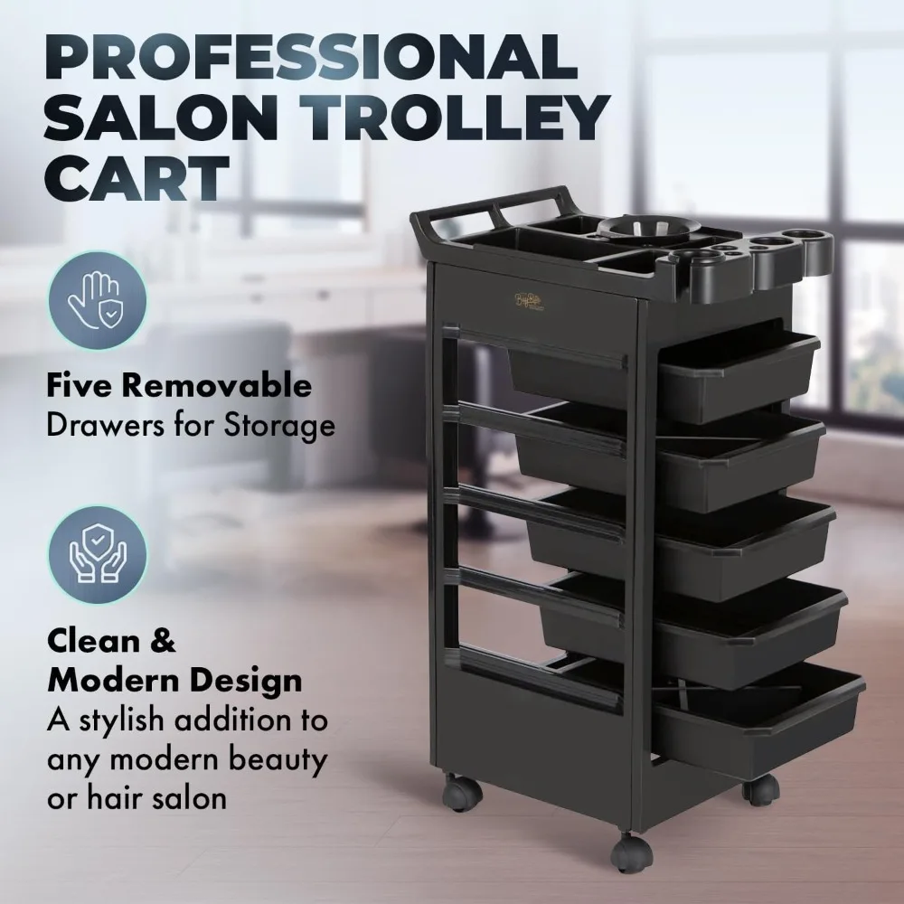 عربة ترولي احترافية للصالونات - عربة أدوات دوارة مع 5 أدراج تخزين قابلة للإزالة، وعاء خلط الألوان