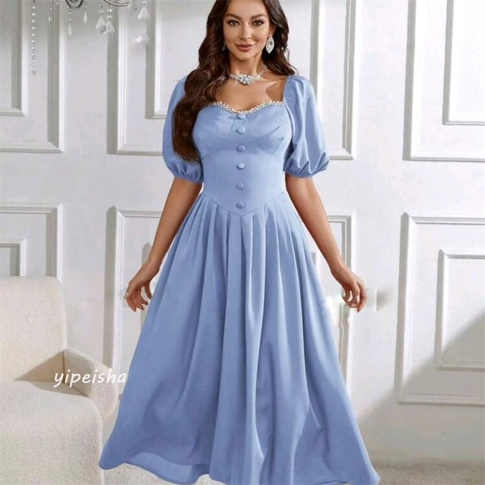 Jersey Beading Draped Pleat Celebrity A-line Square Collar Bespoke Occasion Gown Midi Dresses