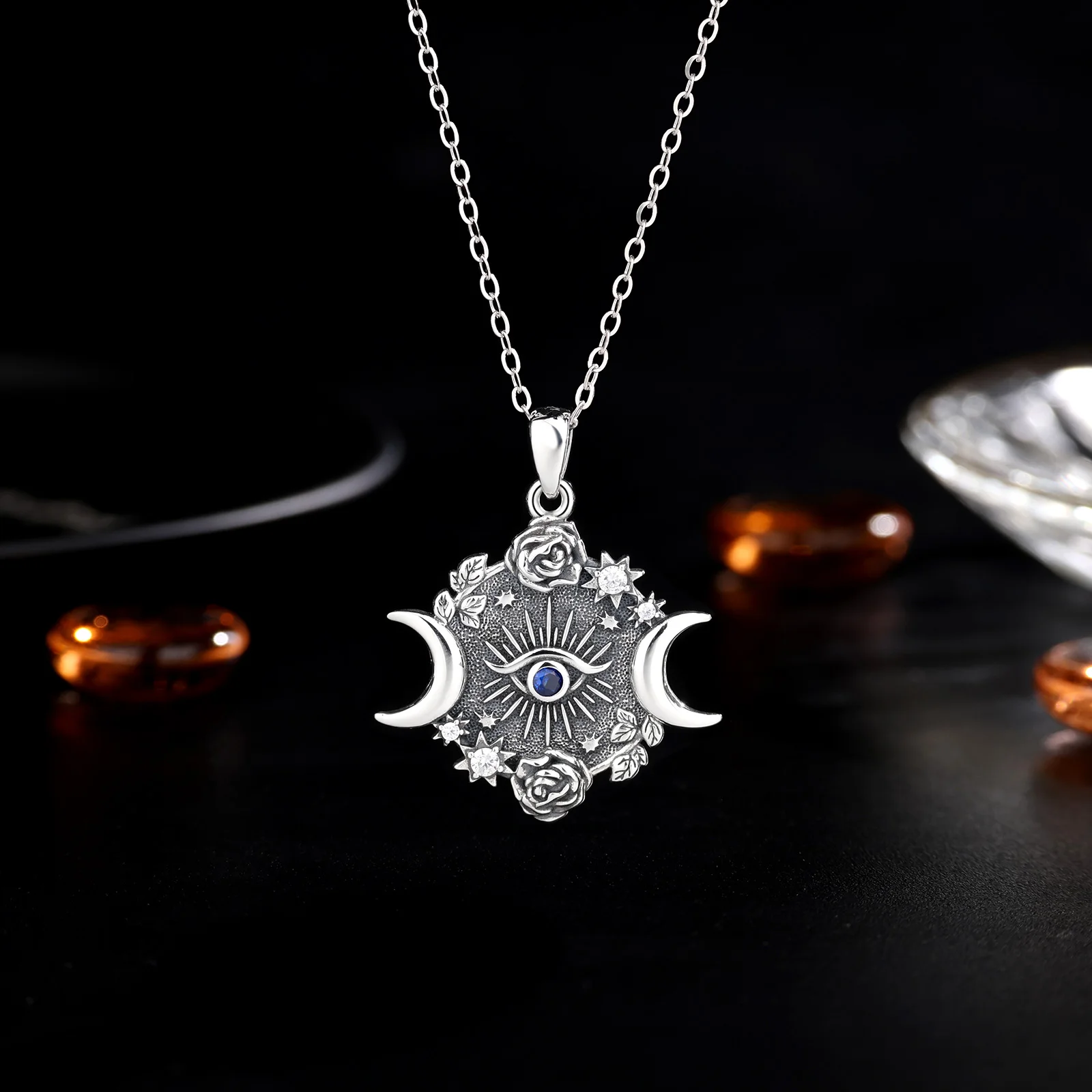 AEONSLOVE 925 Sterling Silver Triple Moon Goddess Necklace Vintage Evil Eye Rose Crescent Pendant Witch Pagan Jewelry for Women