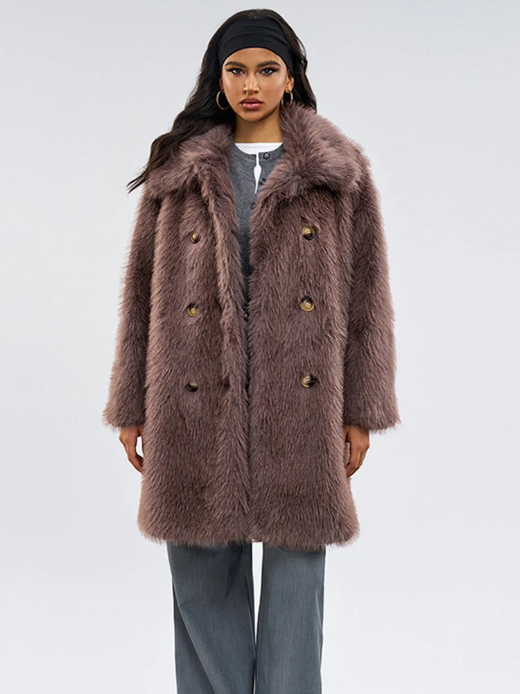 ZADORIN-abrigo elegante de invierno para mujer, ropa holgada con cinturón, abrigo de piel sintética esponjoso, chaquetas de piel sintética con solapa larga, prendas de vestir exteriores de felpa