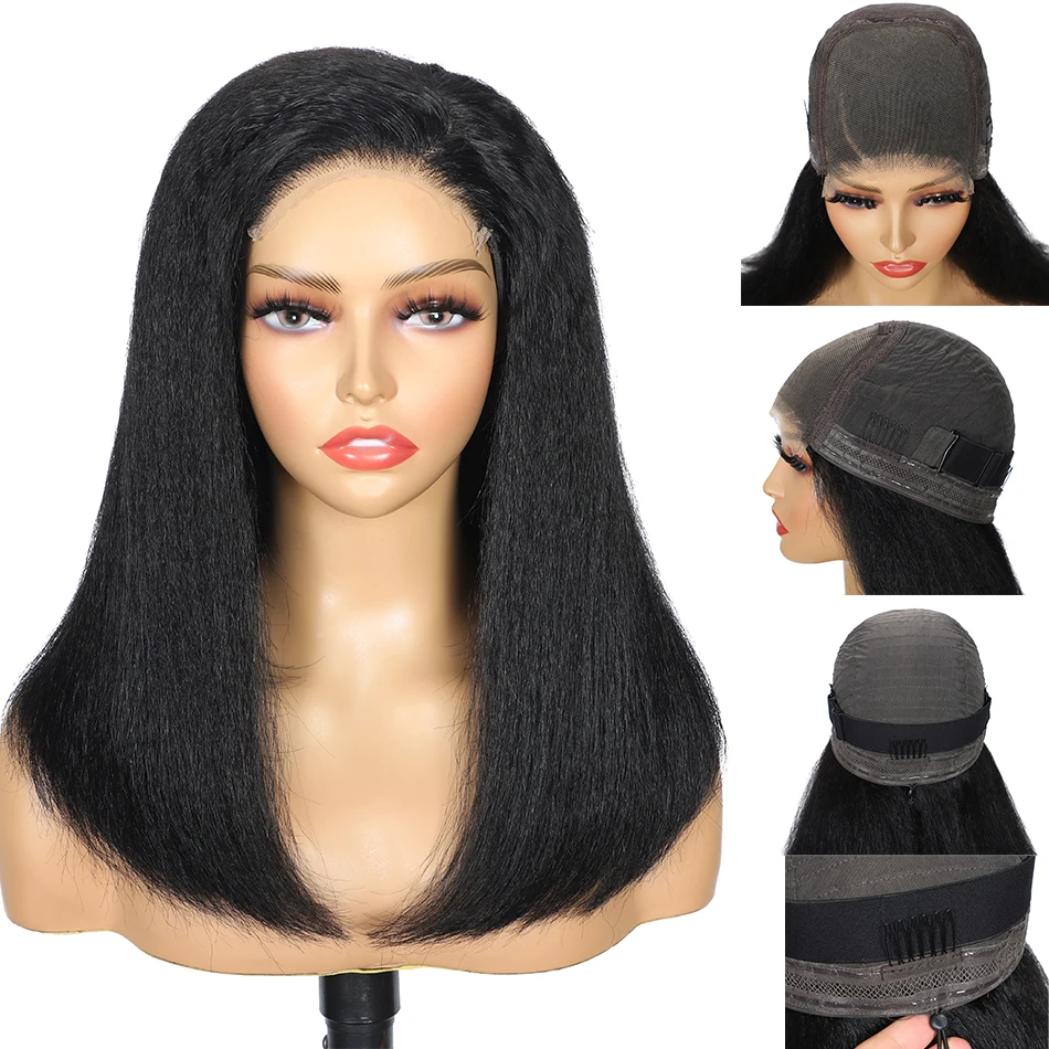 

100% Human Hair 4C Bob Kinky Straight Hair 13X6 HD Lace Frontal Wig 200% Density Glueless Yaki Straight 5x5 HD Lace Closure Wigs