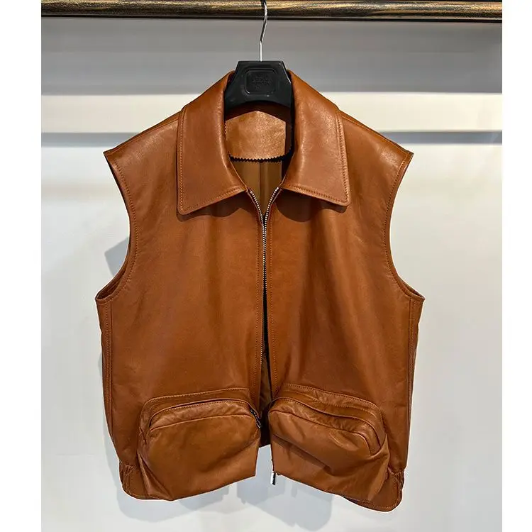 2023 Genuine Leather Vest Autumn and Winter New Sheepskin Vegetable Tanned Leather Sleeveless Zipper Solid Pocket Lapel Jacket c