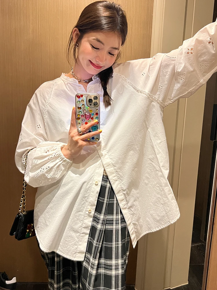 

Ele White Loose Long Sve Women's irt Sli Commute Sle Korean Version Cotton 00% Collar Button Detail