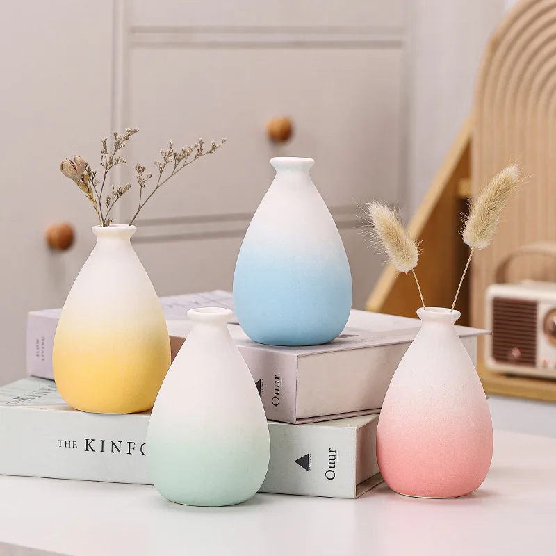 Ceramic Small Flower Vase Gradient Color Macaron Vase Small Fresh Frosted Dry Flower Insert Office Home Decoration Ornament