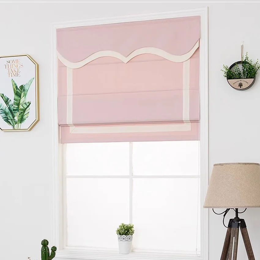 

Modern Solid Pink Color With White Border Trims Customized Flat Roman Blinds With Heading Window Shades For Living Room