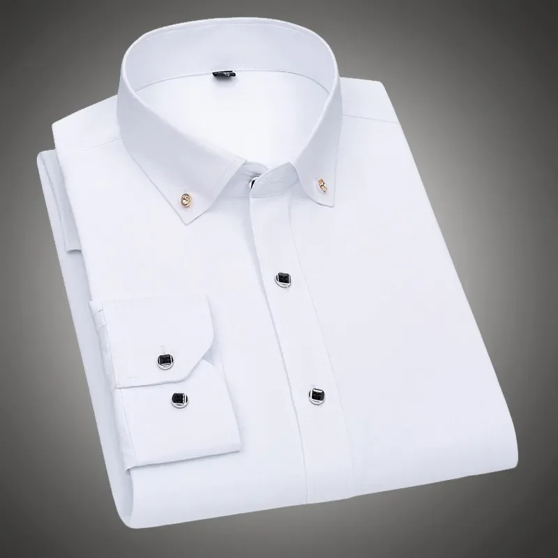 New Men's White Shirt Long Sleeve Fall Spring Solid Color Business Dress Shirt Fashion Thin Diamond Button Professional Shirt