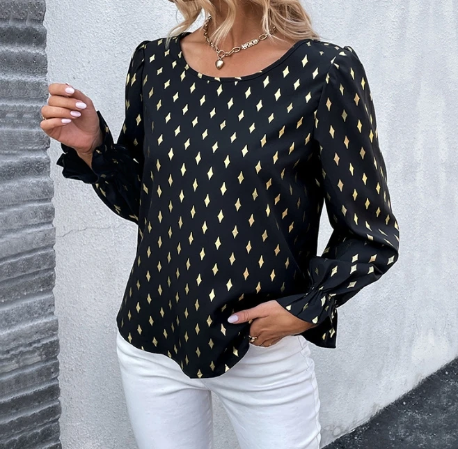 Elegant Women's Long Sleeved Pullover Hot Stamping Printing Shirt Top Women's Clothing Commuting Casual O-Neck Elegant Blouses