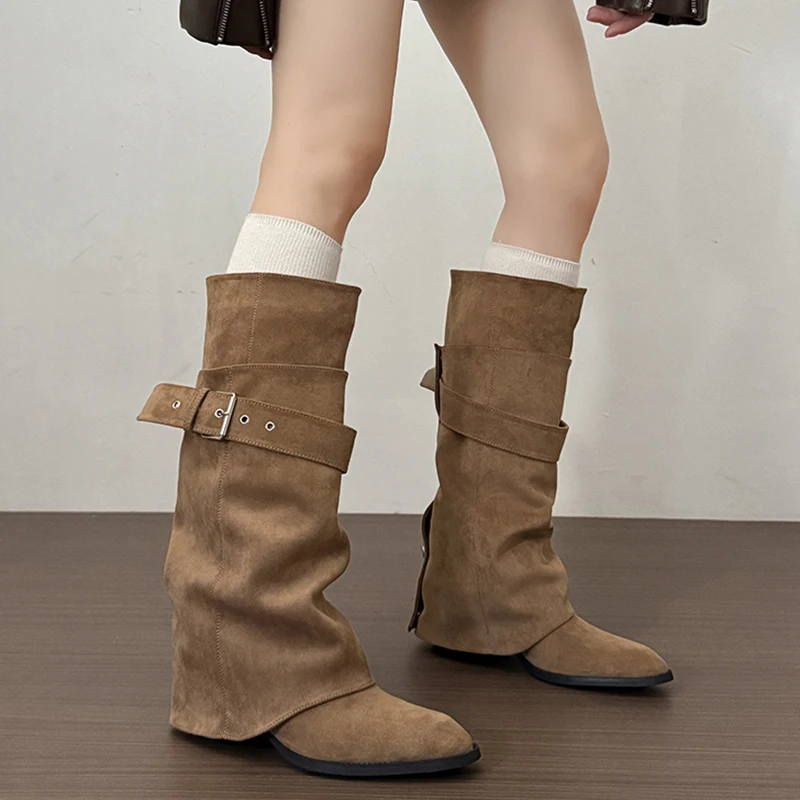 Women Knee High Boots Pointed Toe Block Heel Faux Suede Leather Buckle Pants Boots Pull On Lady Casual Autumn Winter Boots Shoes