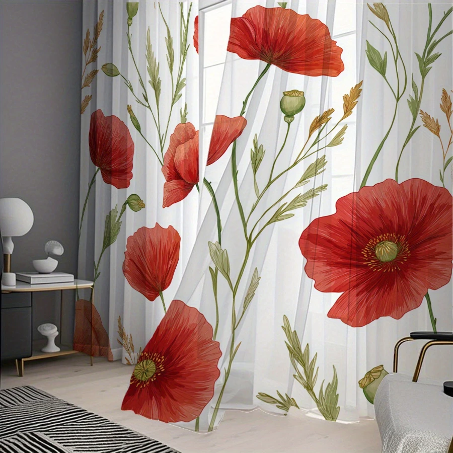 2PCS Digital Print Sheer Curtains, Red Poppy Flower Pattern, Vintage Oil Painting Style for Living Room Home Window Decor - view 3