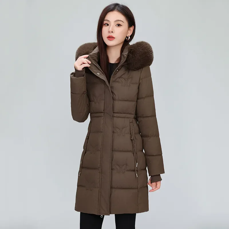 2025 New Winter Coat Women's Jacket Fur Neckline Long Basic Coats Thick Jackets Cotton Padded Outerwear Parkas Black Clothes