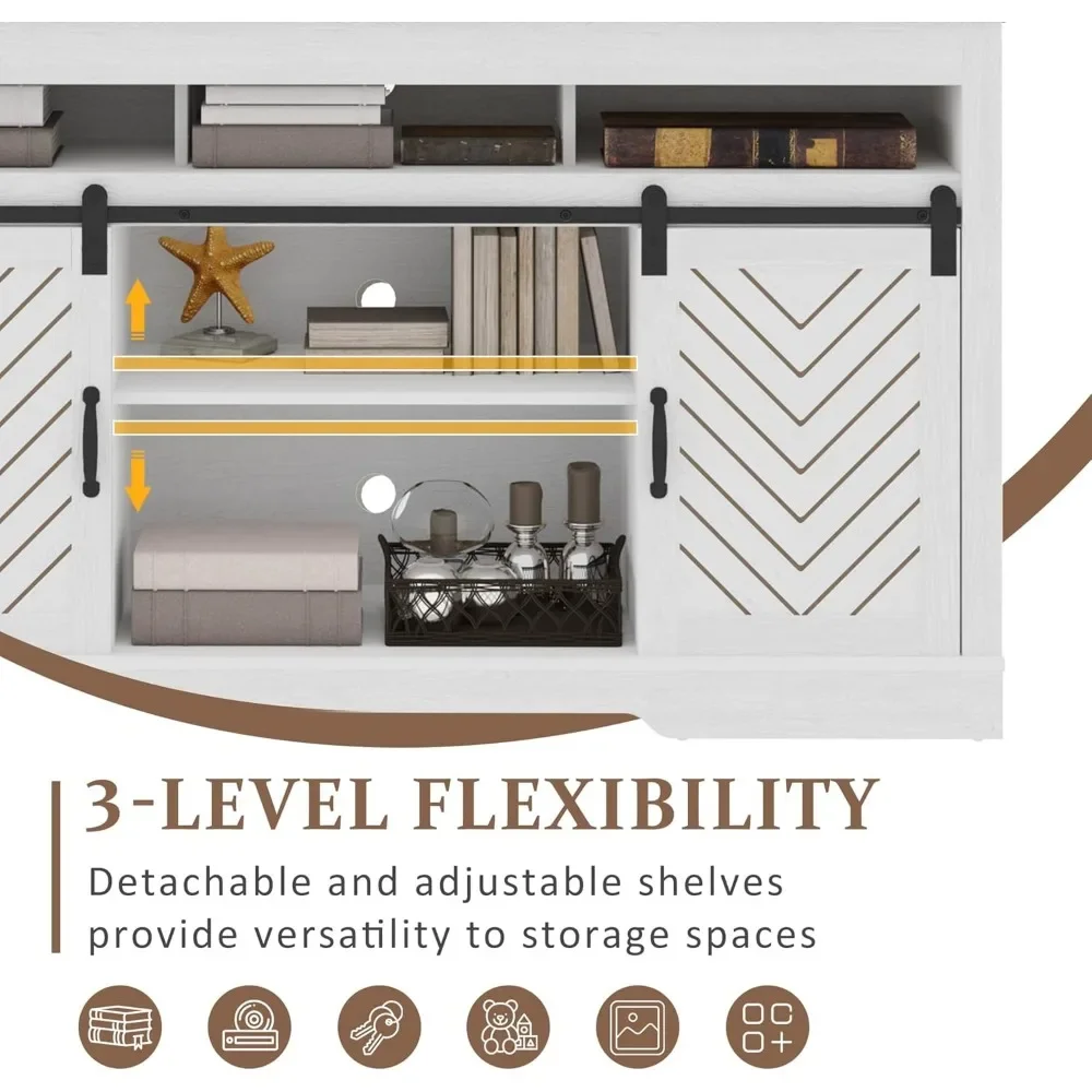 ファームハウステレビスタンド 65インチ以上のテレビ用、スライド納屋ドア付き背の高いエンターテイメントセンター、素朴な木製収納キャビネットテレビ