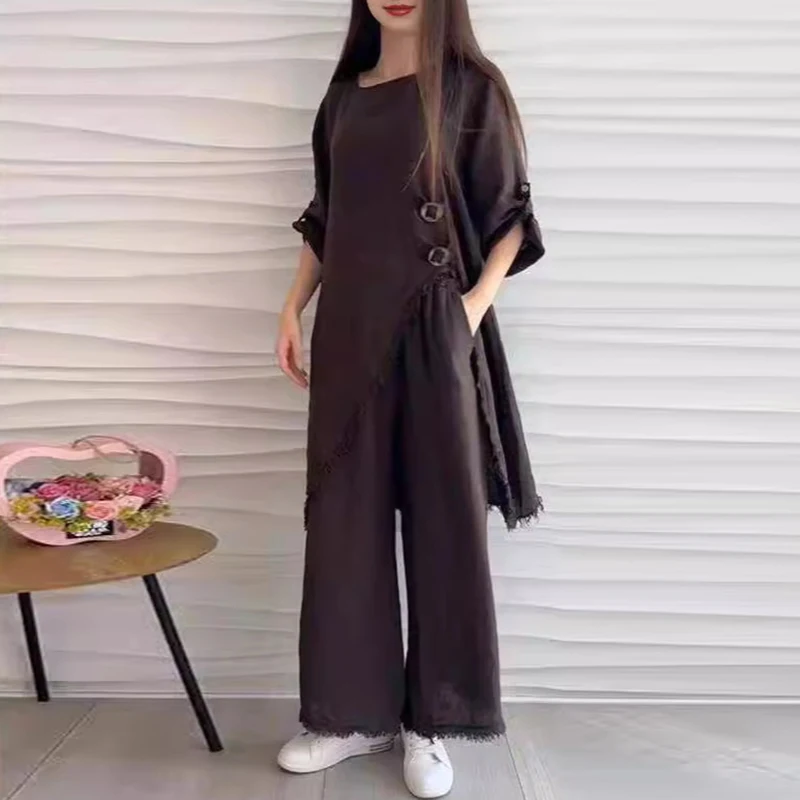 Vintage Clothes Women 2024 Spring Round Neck Side Slit Long Top & Long Pants Outfit Set Summer Solid Half Sleeve Irregular Suits