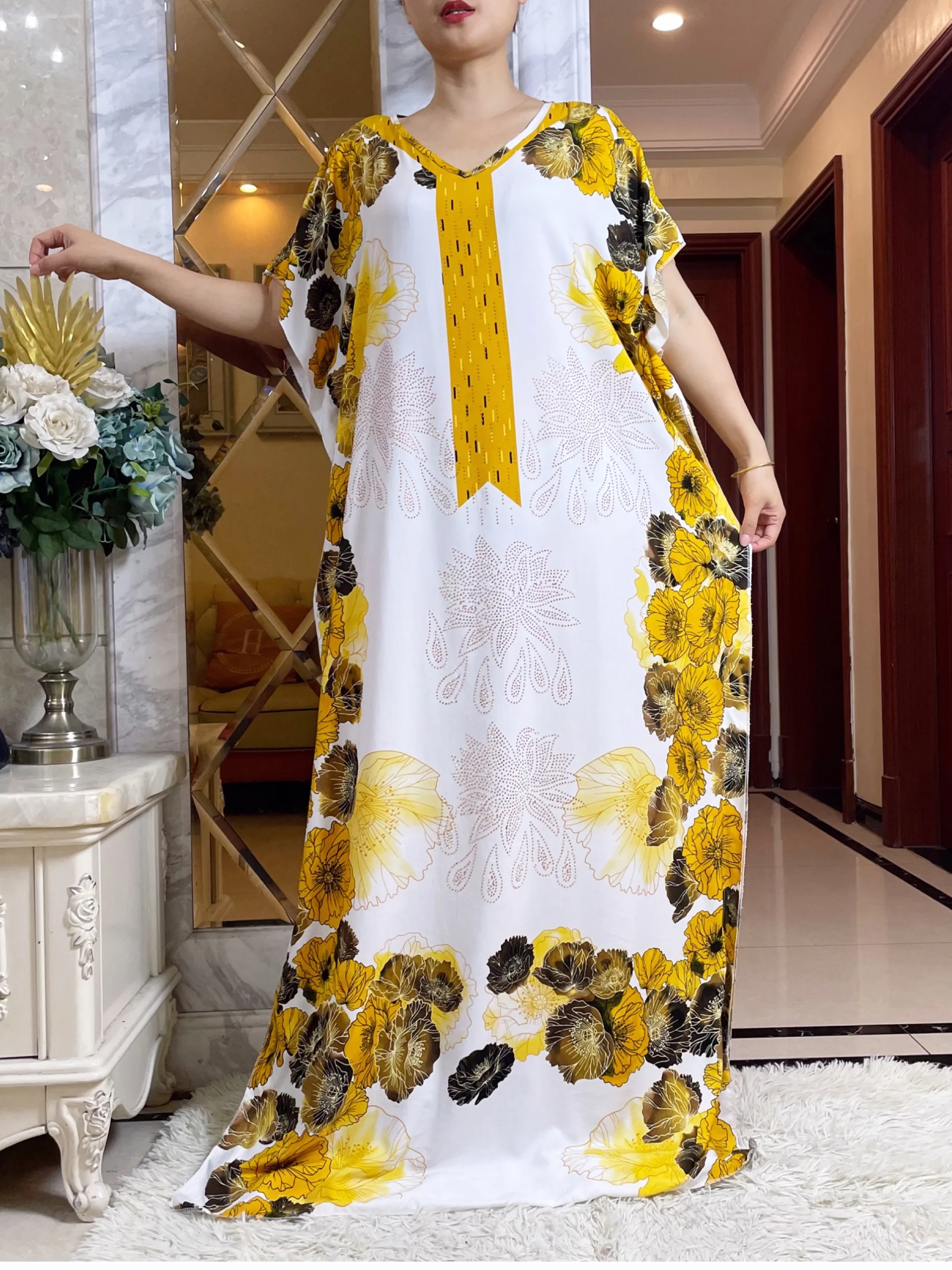 New Summer Party Dress Short Sleeve With Big Scarf Printing Floral Loose Boubou Maxi Islam Women African Abaya Clothing