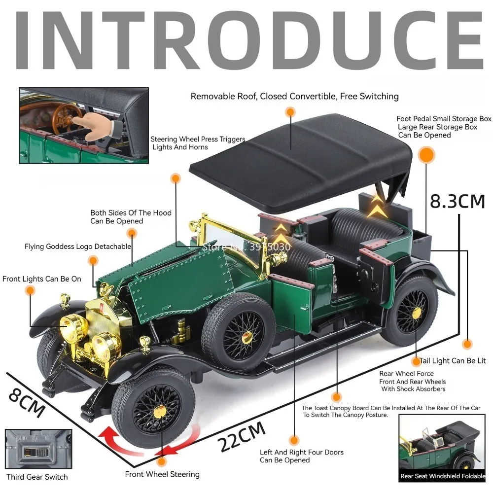 1:24 Rolls Royce Phantom 500K modelo de juguete coches ruedas puertas giradas puertas abiertas coche Vintage en miniatura vehículo extraíble niños regalos de navidad