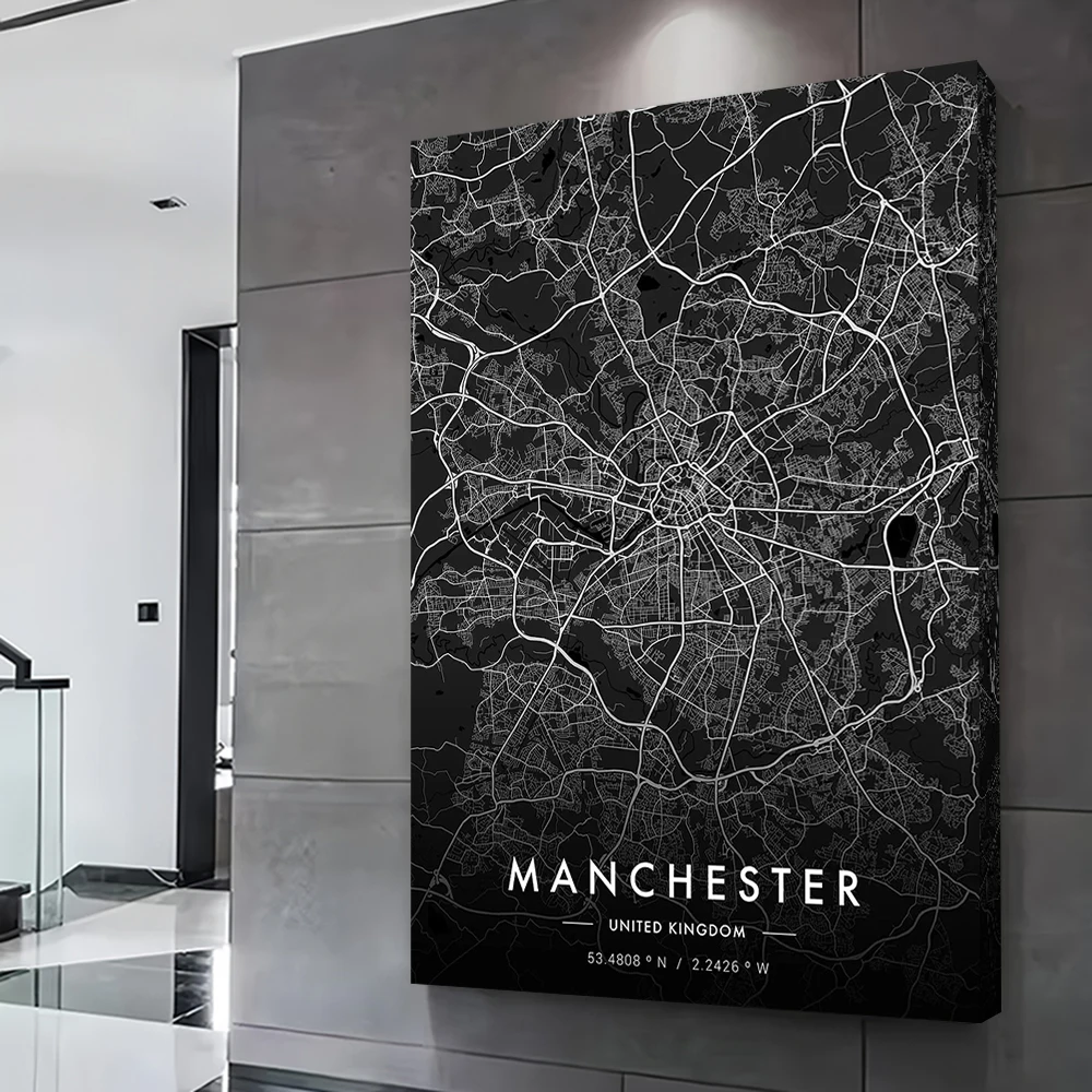 مانشستر مدينة خريطة الطباعة الداكنة ملصق تخصيص صور الرسم على لوحات القماش الجدارية هدية للحمام ديكور غرفة العصا ديكو