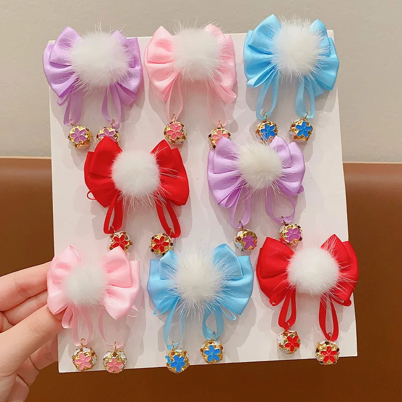 

2PCS Ancient Style Fur Ball Tassel Bell Pendant Bow Hair Clips Gilr Lovely Hairpins Hair Accessories Barrettes For Kid Headdress