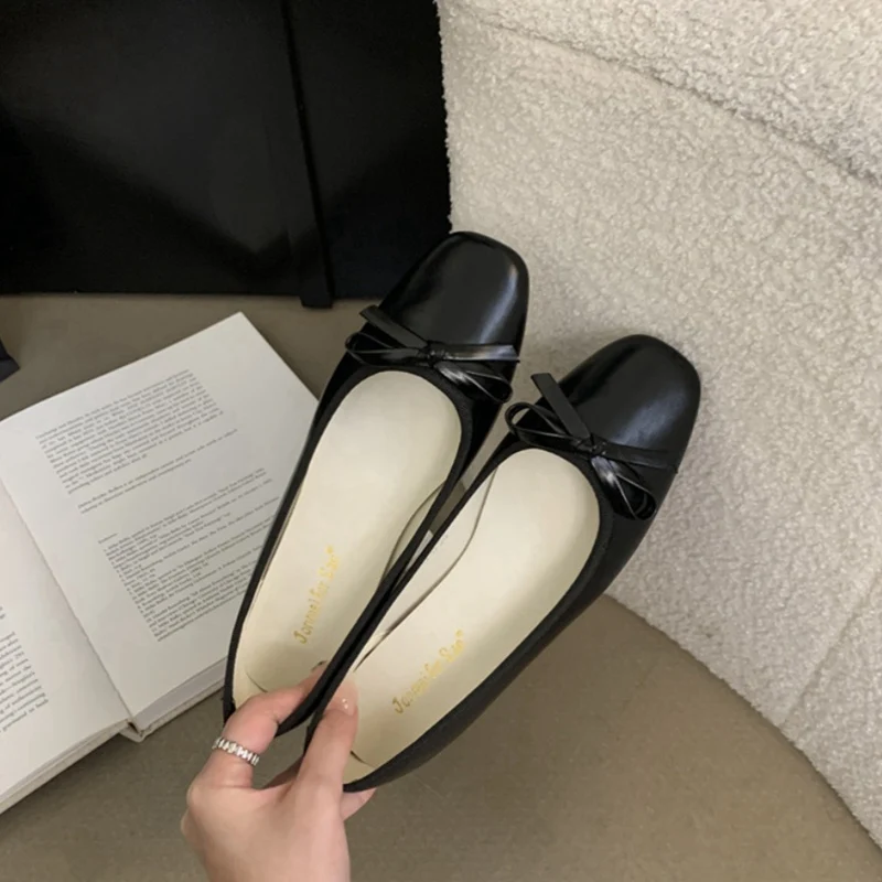 French Square Toe Bow Flats Shoes 2024 New Autumn Shallow Fairy All-match Gentle Office Dress Wedge Heels Pumps Female Ballerina