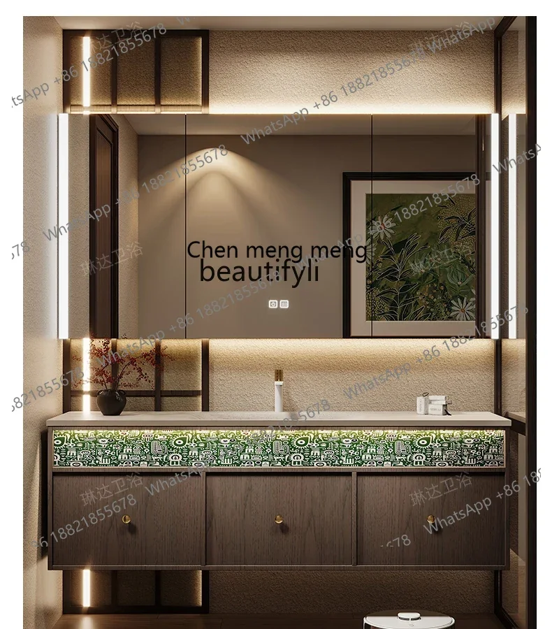 

Medieval style bathroom cabinet rock slab hot bending integrated basin combination walnut washing table wash basin