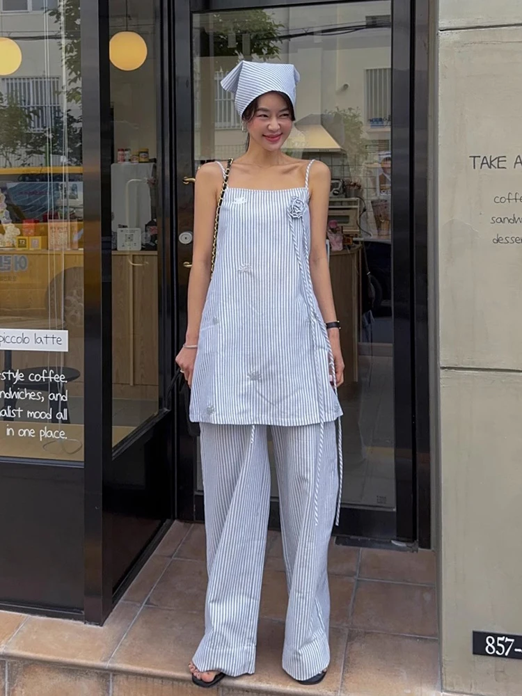 

Clothland Women Elegant Striped Two Piece Set Sleeveless Flower Camis Blouse Wide Leg Trousers Summer Suits Mujer TA662