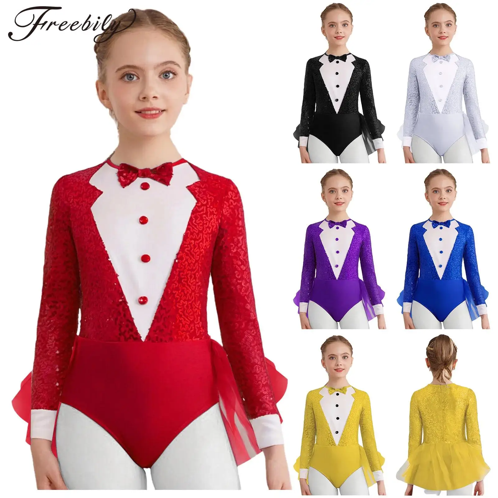 

Girls Jazz Waltz Dance Leotards Sequins Modern Dancewear Kids Tulle Skirted Jumpsuit Tuxedos Bodysuits Stage Performance Costume