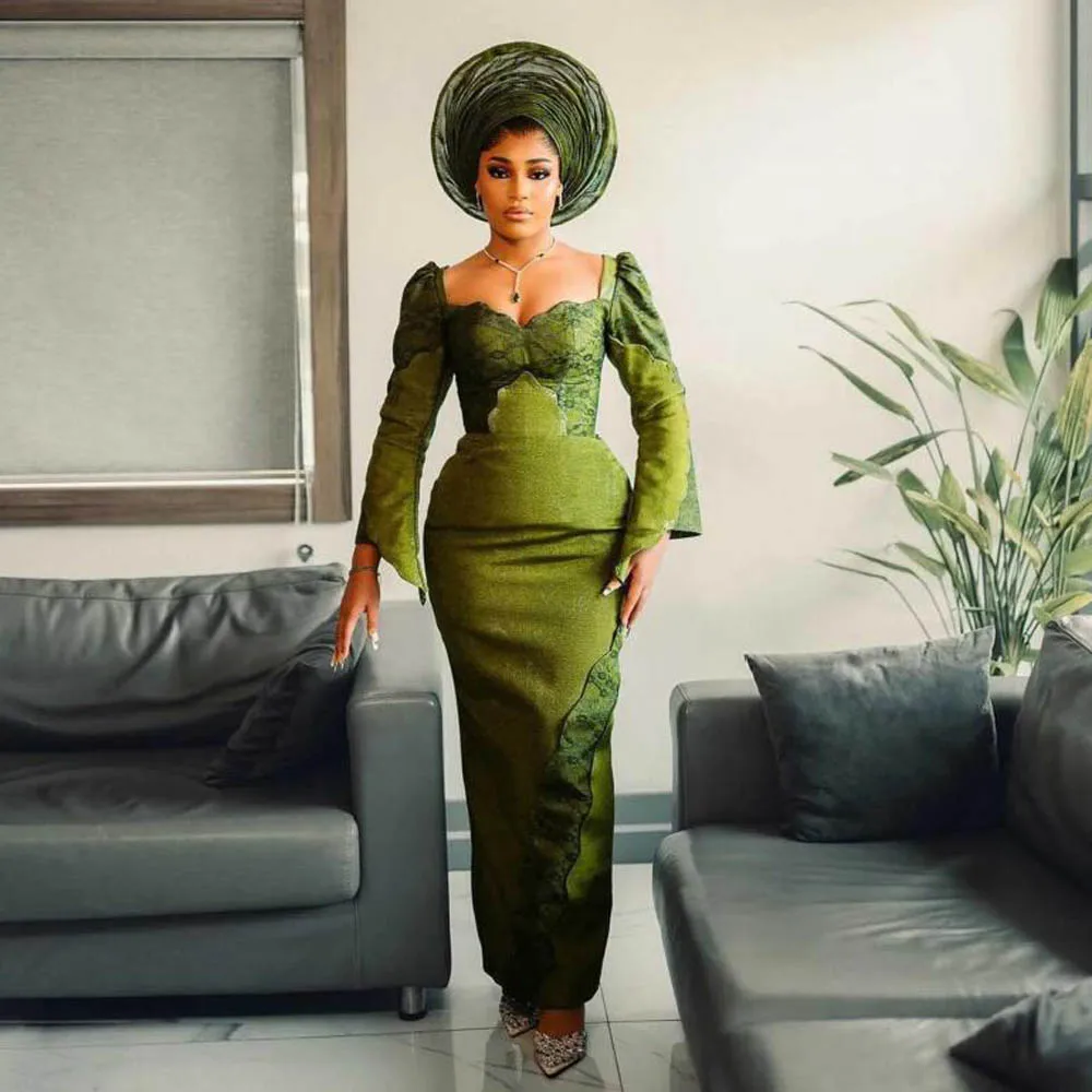 Aso Ebi-vestido de baile verde sereia com querida, mangas compridas, vestido de noite para mulheres africanas, até o chão, vestidos de festa famosos