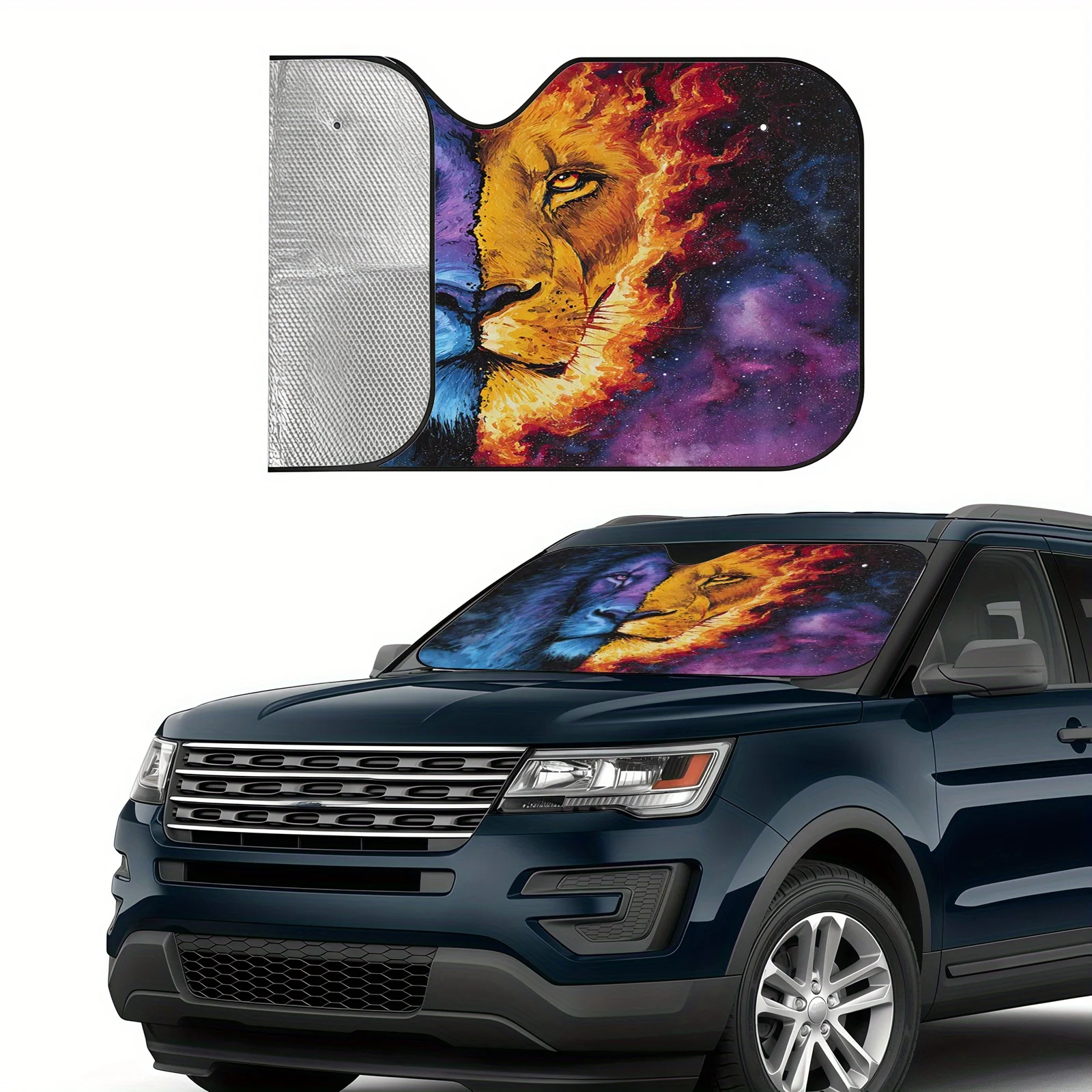 Twin Lion Color-Block Car Sunshade, Ice And Fire Cosmic Element Design, Heat Insulation And Light Blocking, Equipped With 4 Suct