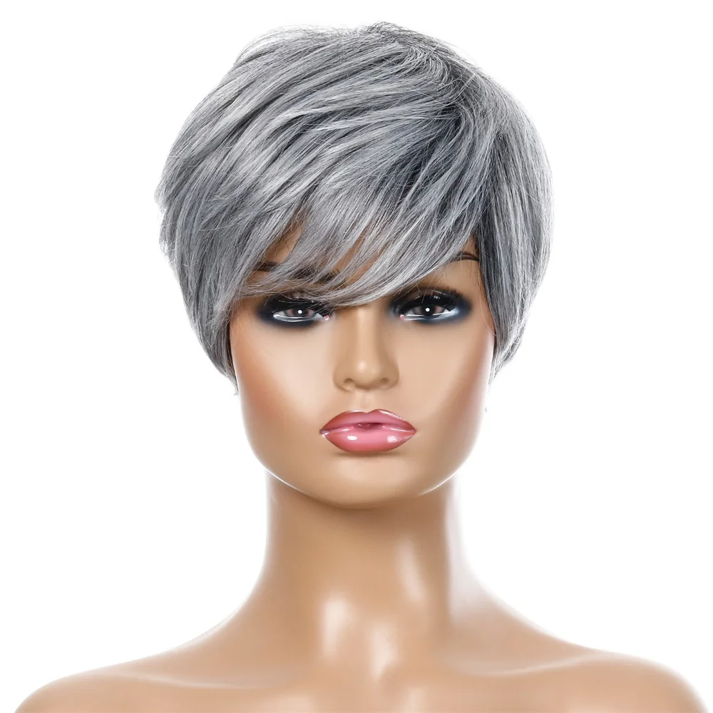 European and American Wigs Women\'s Short Straight Synthetic With Bangs Hair Silver Gray Chemical Fiber Daily Use Fashion Headgea