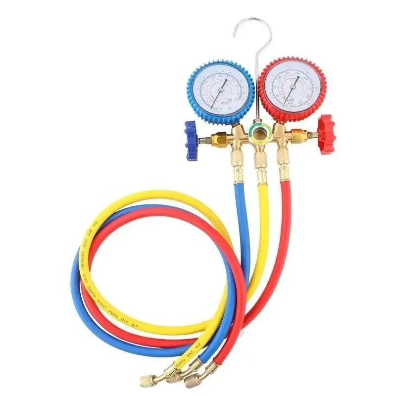 Manifold Gauge with 4 Yellow Jacketed Valves - Industrial Refrigeration HVAC Tool