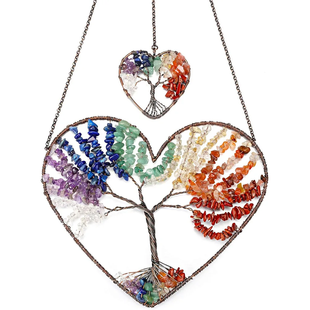 

7 Chakra Double Heart Tree of Life Window Wall Hanging Ornament Reiki Healing Crystals Stone Gemstone Meditation Yoga Home Decor