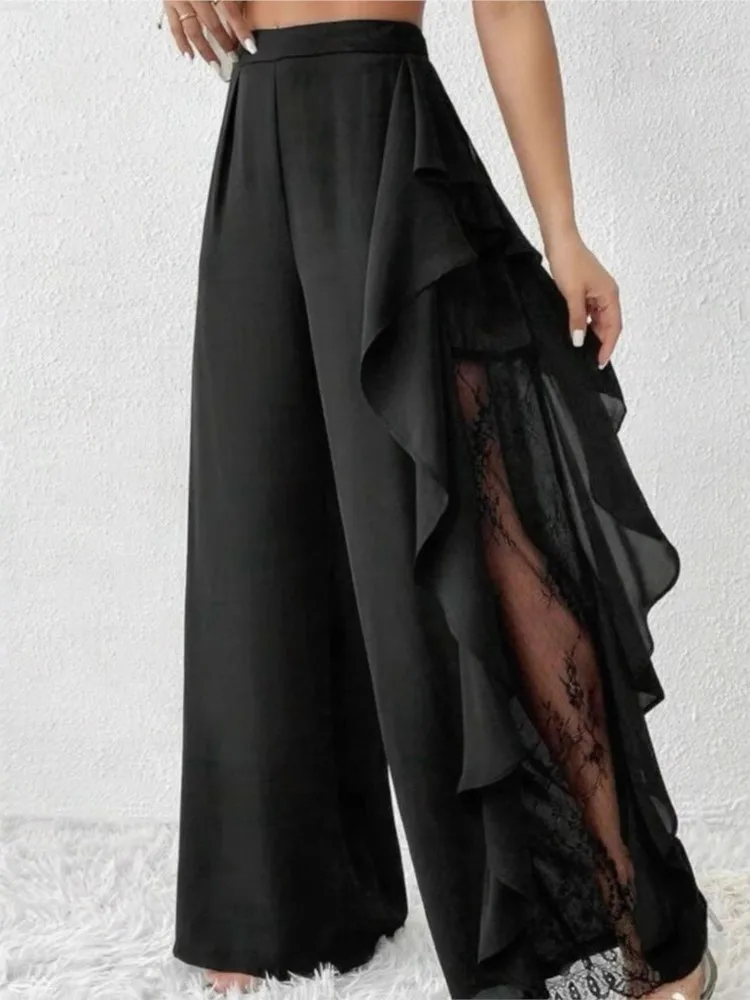 

Casual Wide-leg Pants For Women With High Waist Slit Irregular Lace Mesh Lace Fashion Trousers New Autumn Black Long Pant