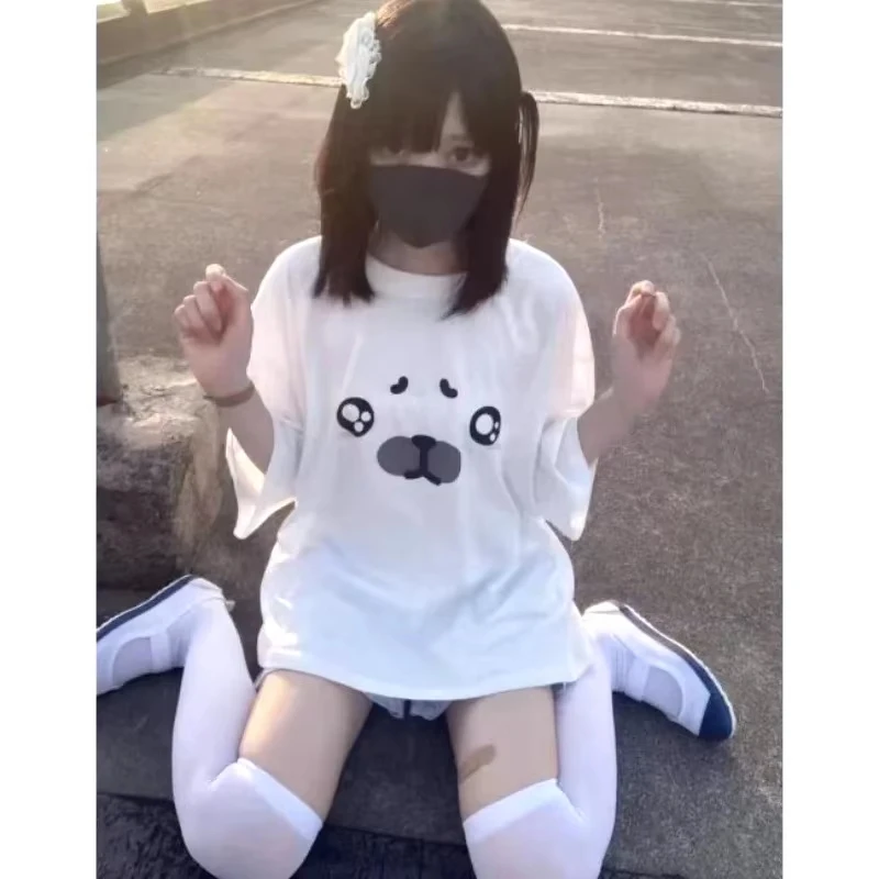 Kawaii Cartoon Seal Print T Shirt for Girls Y2K Harajuku Preppy Loose Fit Short Sleeve Round Neck Soft Cotton Summer Top