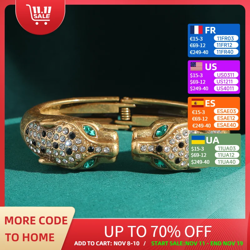 

Vintage Elasticity Leopard Bangle Bracelet Antique Gold Color Rhinestones Accessories Luxury Branded Jewelry Heavy Industry 2025