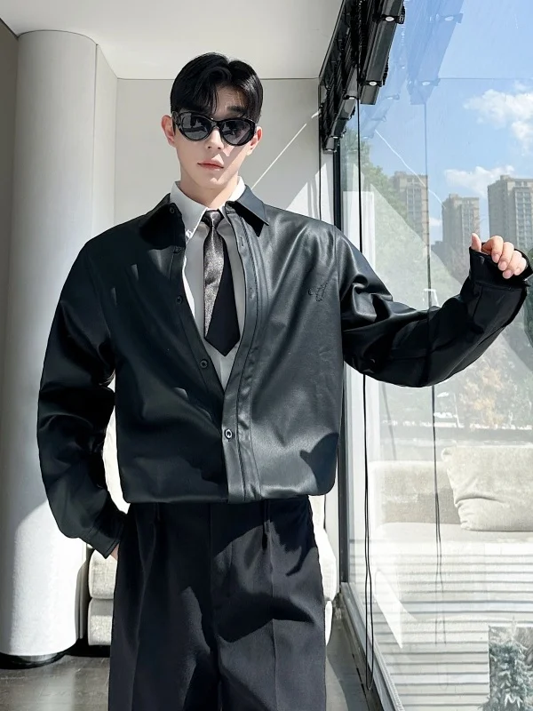 

Zhang Linghe Biker Leather irt Мужской свободный простой костюм с воротником из искусственной кожи, удобный крой Long Sve, удобный для поездок на работу